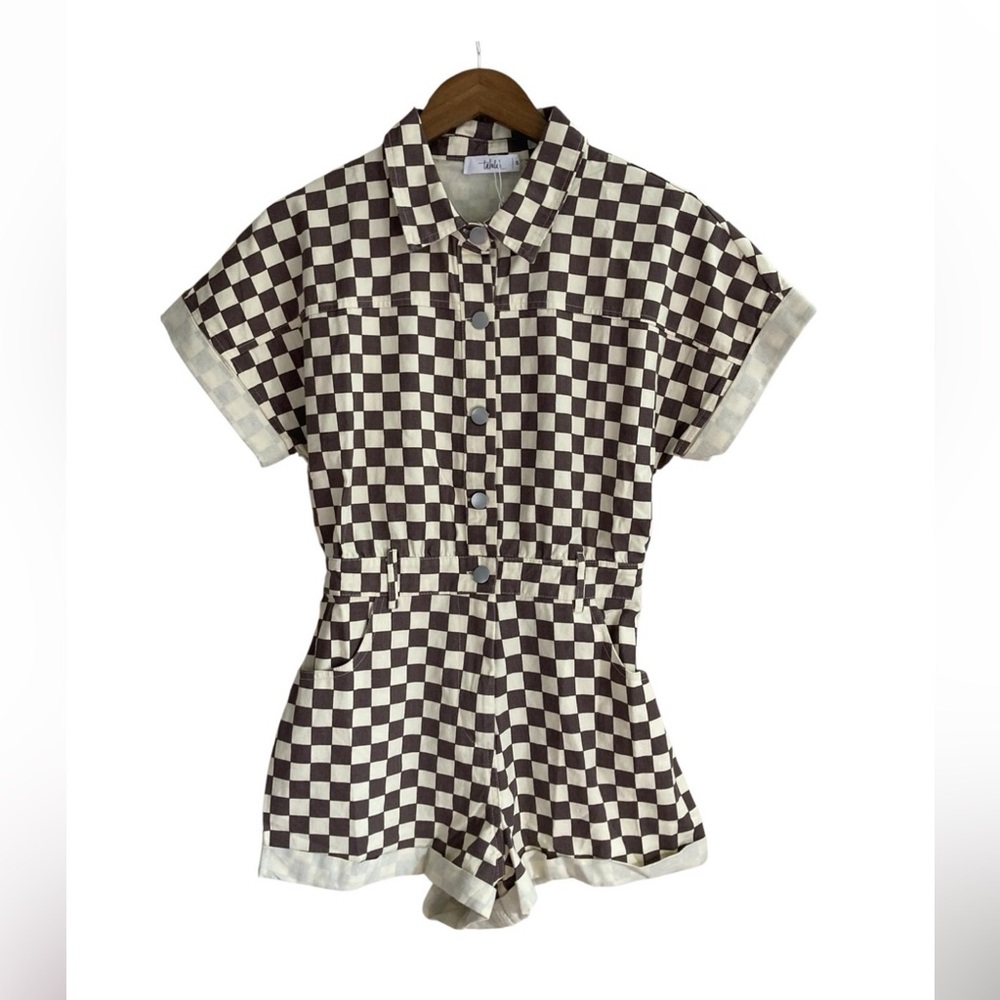 Talulah Boutique Game Day Checkerboard Short Sleeve Button Up Romper